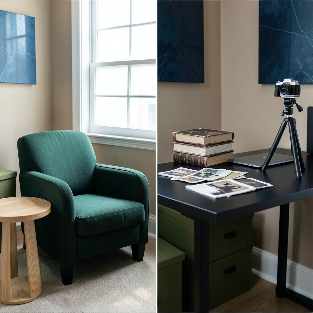 A quiet reading room with wooden shelves, a laptop, and a cup of tea.